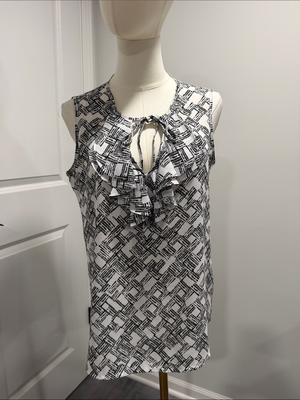 Karl Lagerfeld Black & White Graphic Ruffle open Tie Blouse